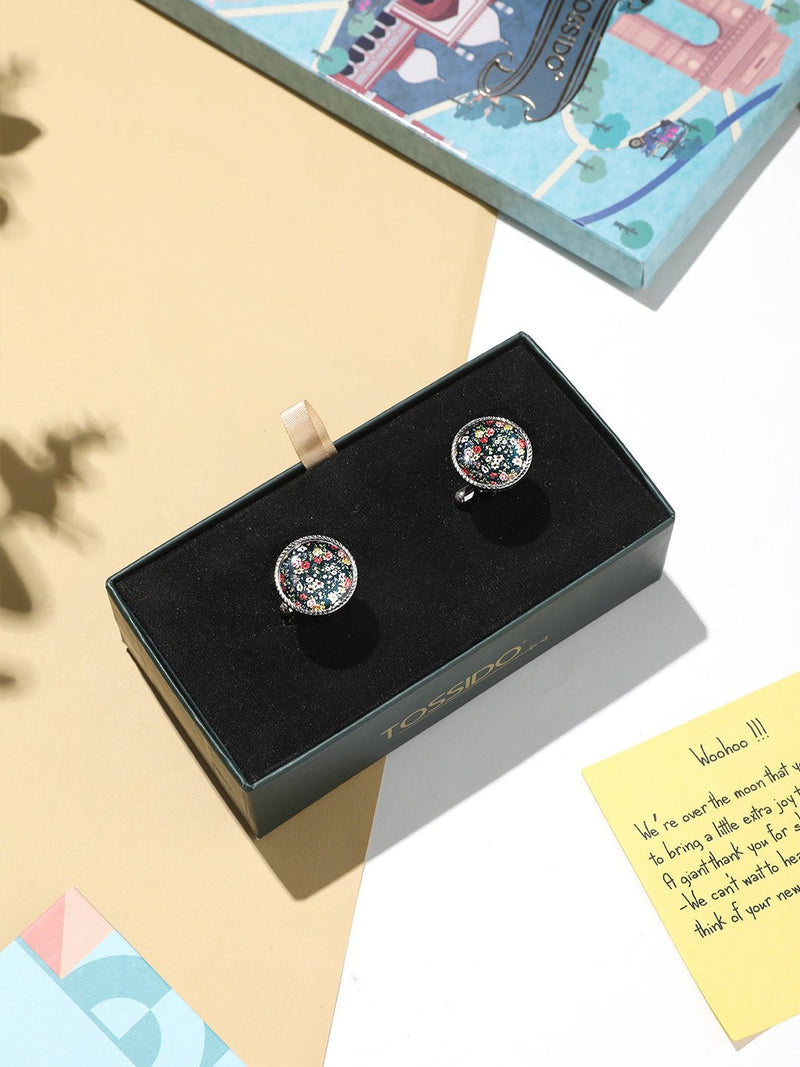 Blue Floral Printed Cufflinks - TOSSIDO