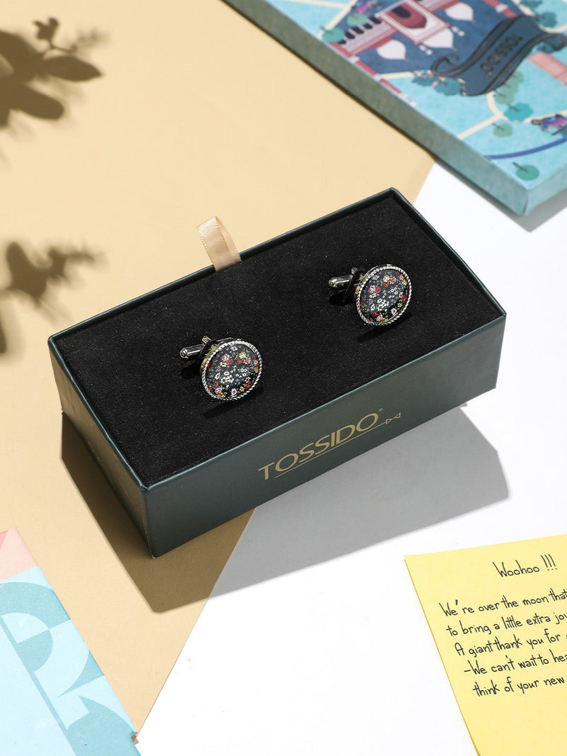 Blue Floral Printed Cufflinks - TOSSIDO