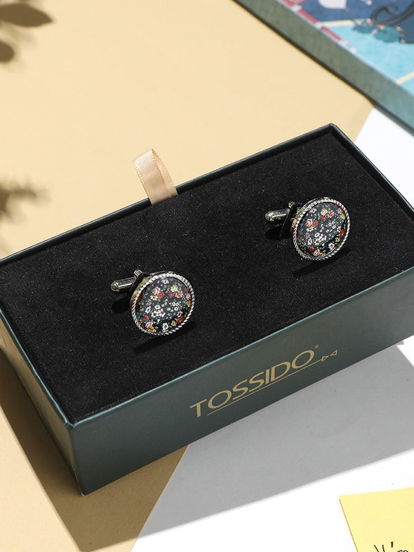 Blue Floral Printed Cufflinks - TOSSIDO