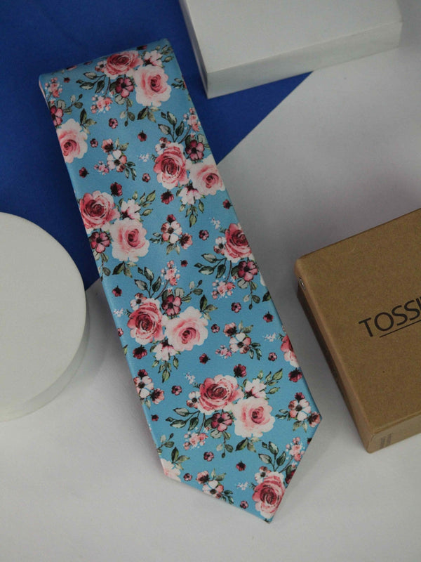 Blue Floral Printed Necktie - TOSSIDO