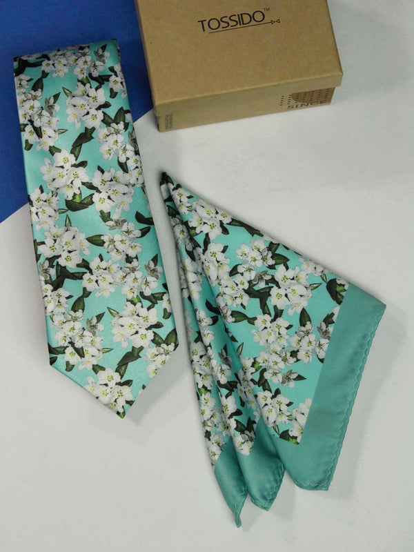 Blue Floral Printed Necktie and Pocket Square Set - TOSSIDO