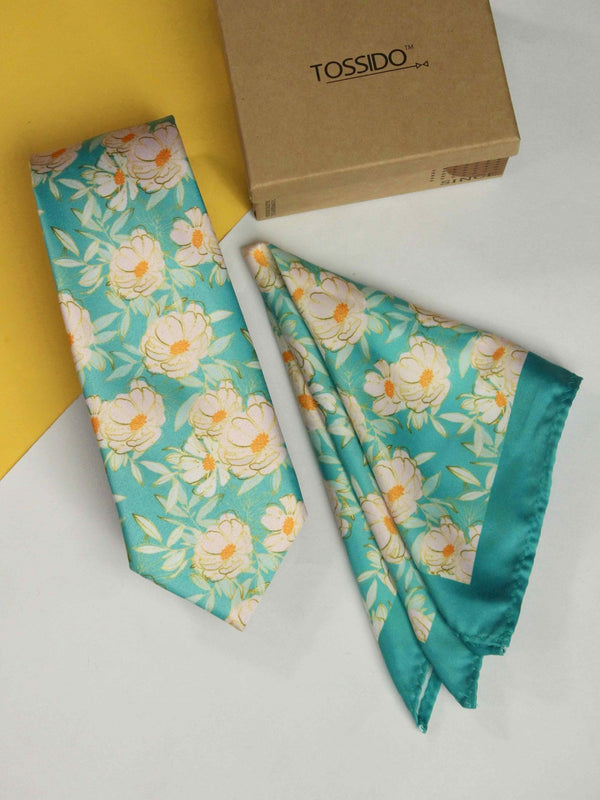 Blue Floral Printed Necktie and Pocket Square Set - TOSSIDO