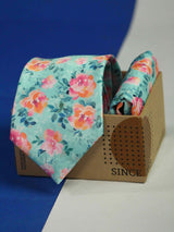Blue Floral Printed Necktie and Pocket Square Set - TOSSIDO