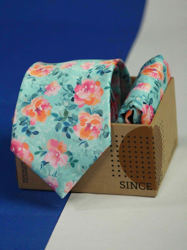 Blue Floral Printed Necktie and Pocket Square Set - TOSSIDO