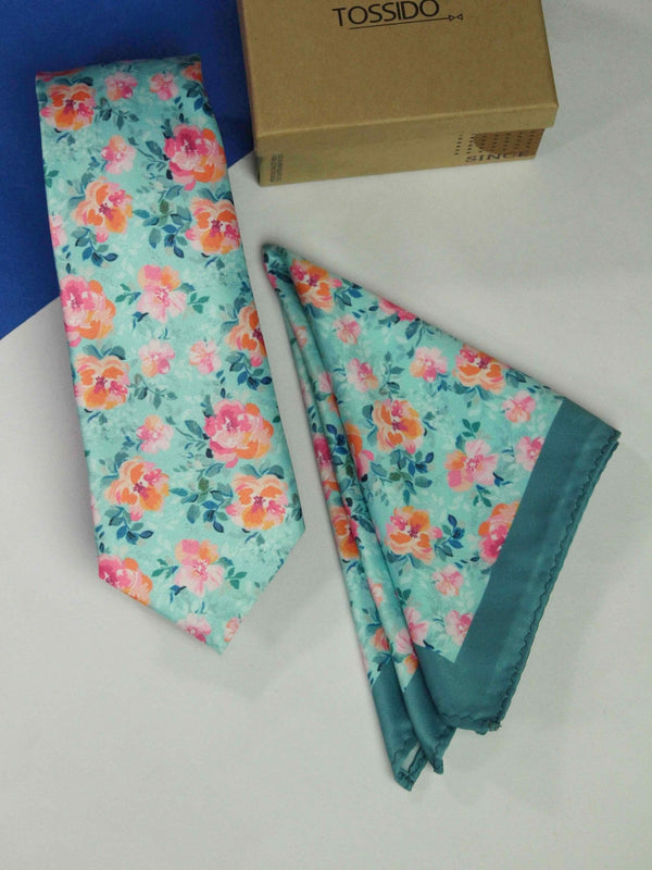 Blue Floral Printed Necktie and Pocket Square Set - TOSSIDO