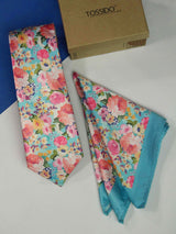 Blue Floral Printed Necktie and Pocket Square Set - TOSSIDO