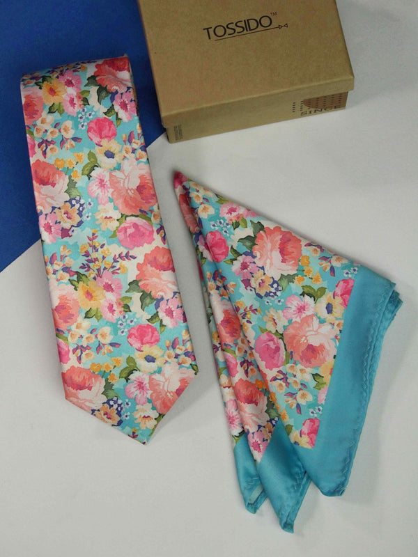Blue Floral Printed Necktie and Pocket Square Set - TOSSIDO