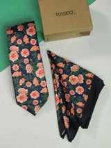 Blue Floral Printed Necktie and Pocket Square Set - TOSSIDO