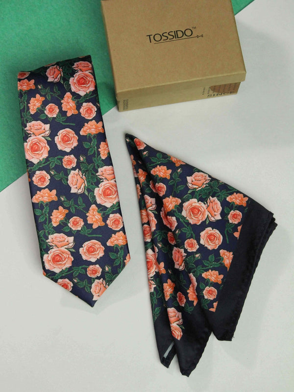 Blue Floral Printed Necktie and Pocket Square Set - TOSSIDO