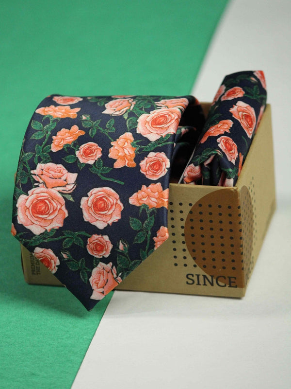 Blue Floral Printed Necktie and Pocket Square Set - TOSSIDO
