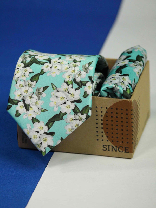 Blue Floral Printed Necktie and Pocket Square Set - TOSSIDO