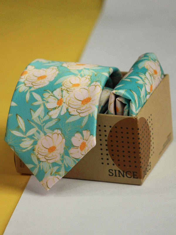 Blue Floral Printed Necktie and Pocket Square Set - TOSSIDO