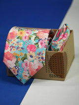 Blue Floral Printed Necktie and Pocket Square Set - TOSSIDO