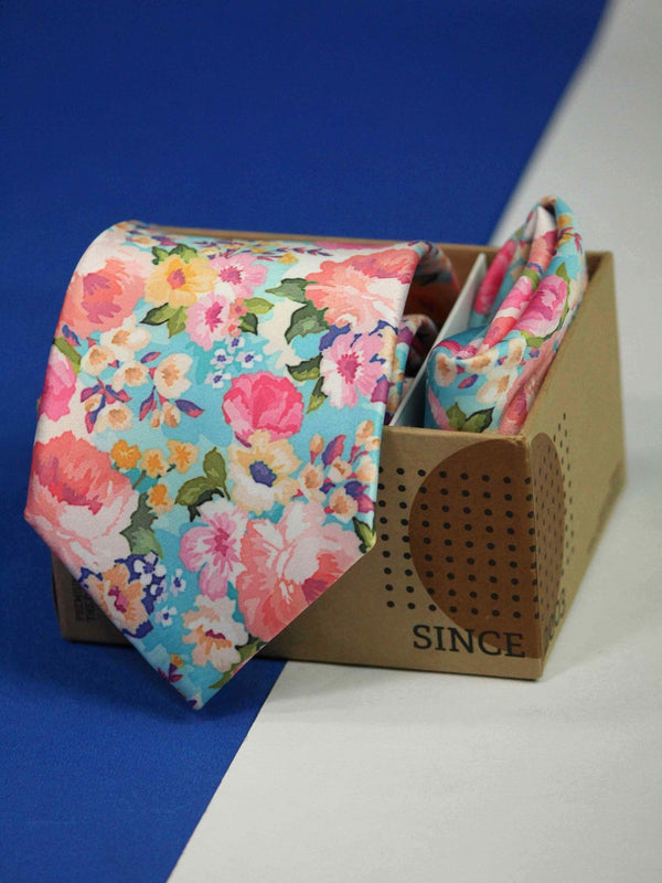 Blue Floral Printed Necktie and Pocket Square Set - TOSSIDO