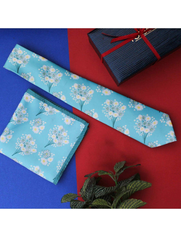 Blue Floral Printed Necktie & Pocket Square Giftset - TOSSIDO