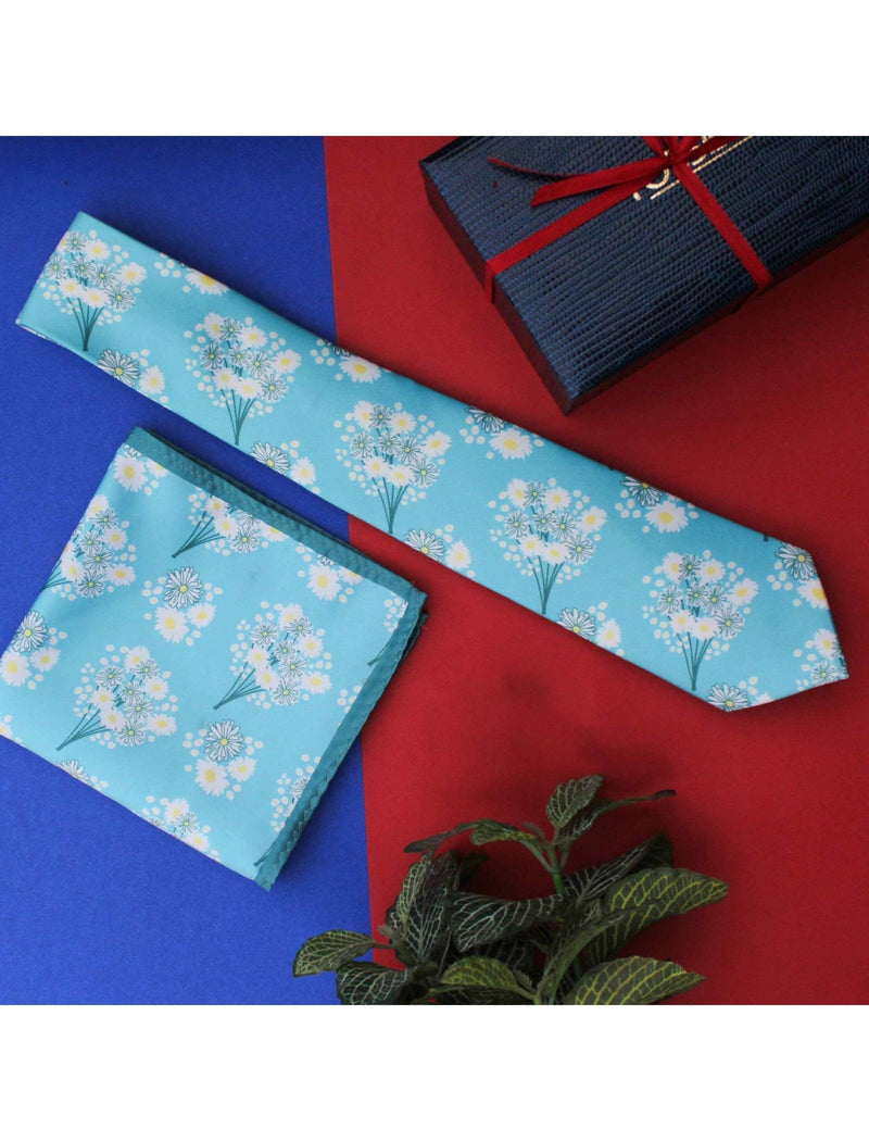 Blue Floral Printed Necktie & Pocket Square Giftset - TOSSIDO