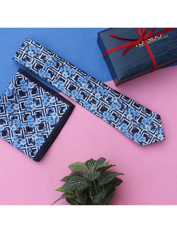 Blue Floral Printed Necktie & Pocket Square Giftset - TOSSIDO