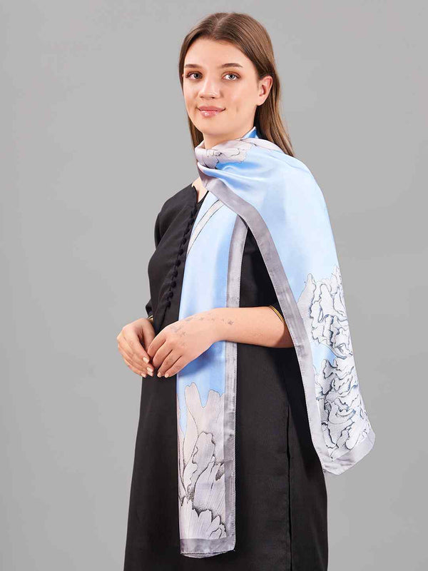 Blue Floral Printed Stole - TOSSIDO