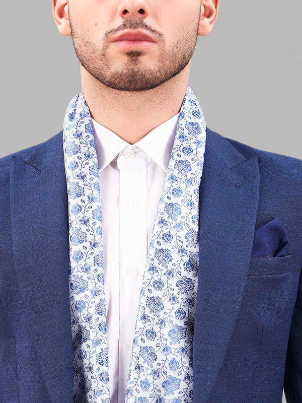 Blue Floral Reversible Stole & Pocket Square Set - TOSSIDO