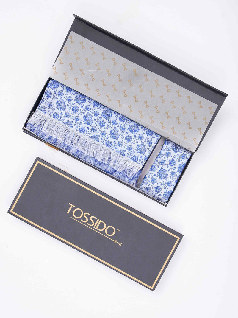 Blue Floral Reversible Stole & Pocket Square Set - TOSSIDO