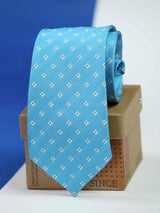 Blue geometric necktie in woven microfiber, close-up
