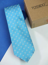 Blue geometric necktie in woven microfiber, flat lay