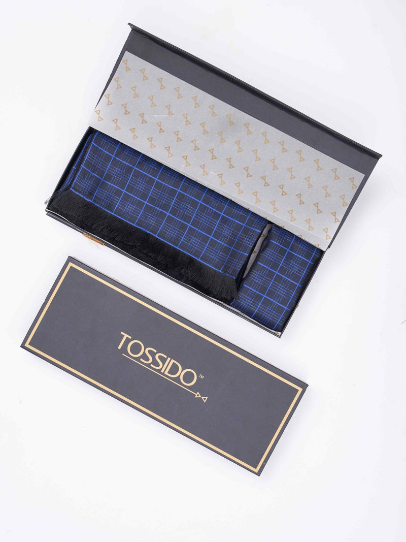 Blue Geometric Reversible Stole & Pocket Square Set - TOSSIDO
