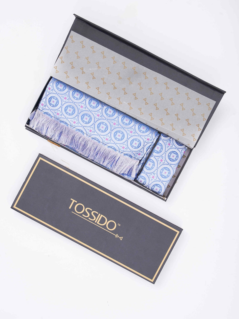 Blue Geometric Reversible Stole & Pocket Square Set - TOSSIDO