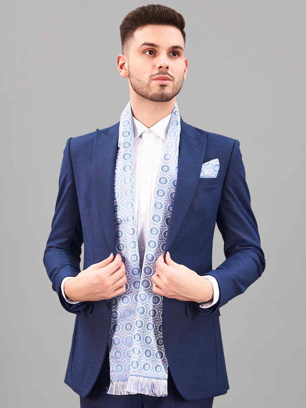 Blue Geometric Reversible Stole & Pocket Square Set - TOSSIDO