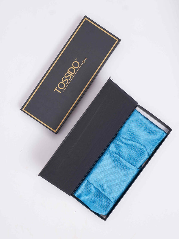 Blue Geometric Woven Cravat & Pocket Square Set - TOSSIDO