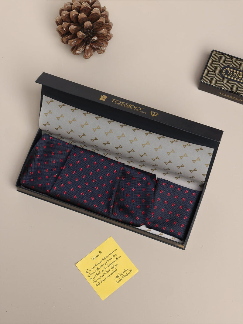 Blue Geometric Woven Cravat & Pocket Square Set - TOSSIDO