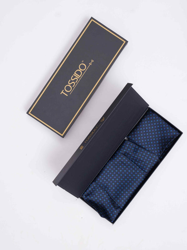 Blue Geometric Woven Cravat & Pocket Square Set - TOSSIDO