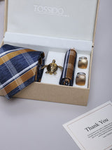 Blue & Gold Striped Necktie Pocket Square Brooch & Cufflinks Giftset