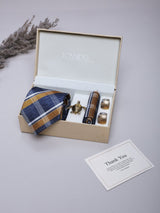 Blue & Gold Striped Necktie Pocket Square Brooch & Cufflinks Giftset