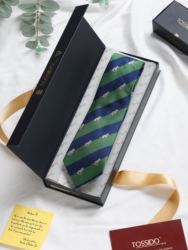 Blue & Green Stripe Woven Silk Necktie - TOSSIDO