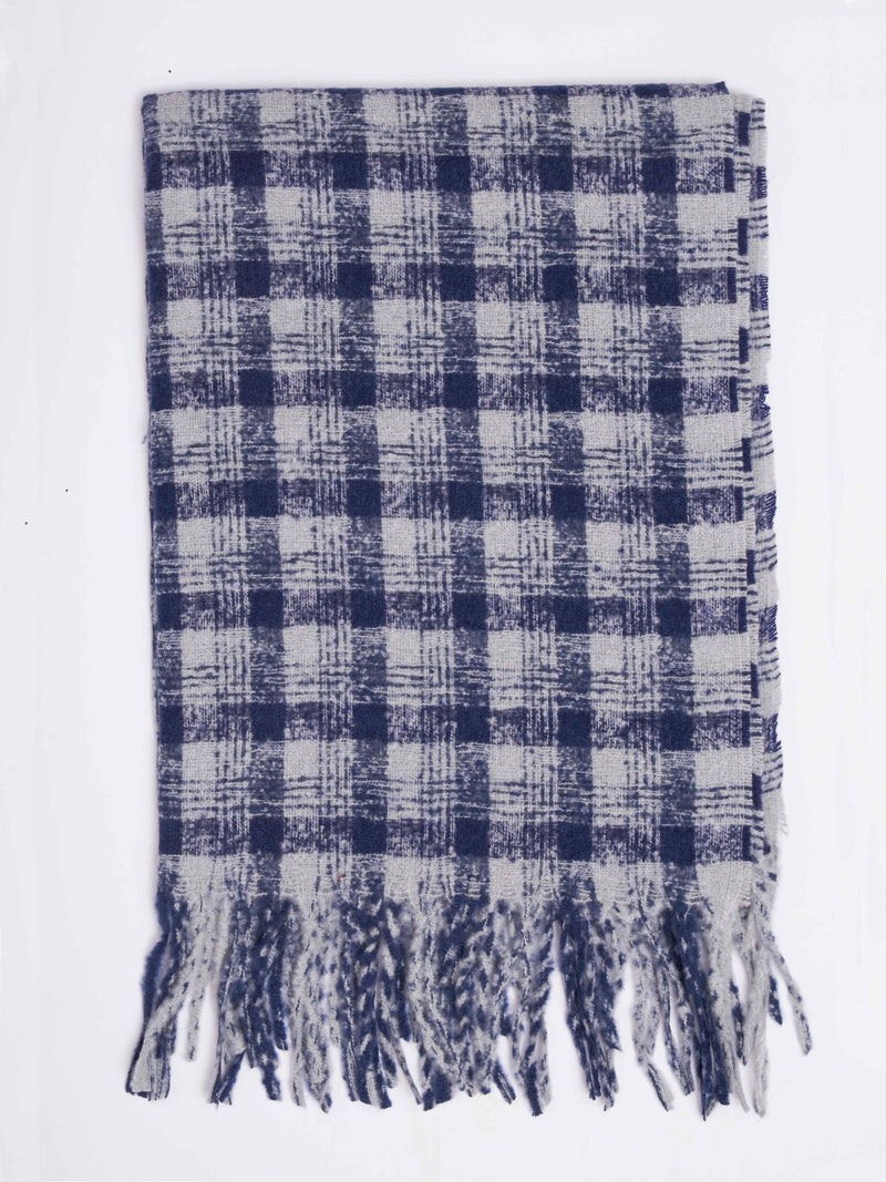 Blue & Grey Check Woolen Muffler - TOSSIDO