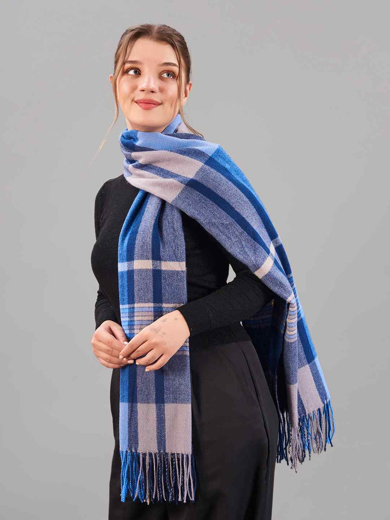 Blue & Grey Check Woolen Muffler - TOSSIDO