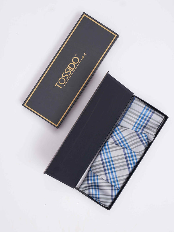 Blue & Grey Check Woven Cravat & Pocket Square Set - TOSSIDO