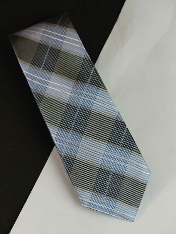 Blue & Grey Check Woven Silk Necktie - TOSSIDO