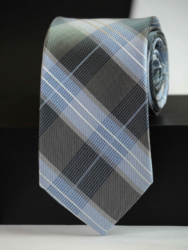 Blue & Grey Check Woven Silk Necktie - TOSSIDO