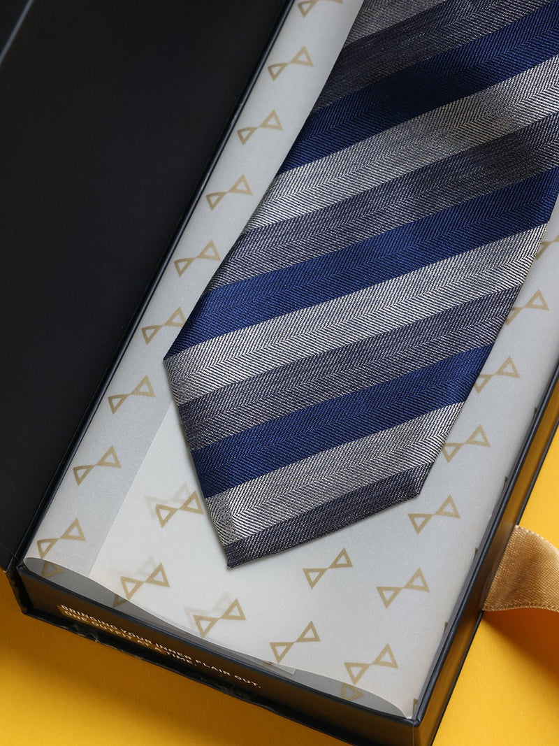 Blue & Grey Stripe Woven Silk Necktie - TOSSIDO