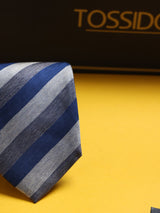 Blue & Grey Stripe Woven Silk Necktie - TOSSIDO