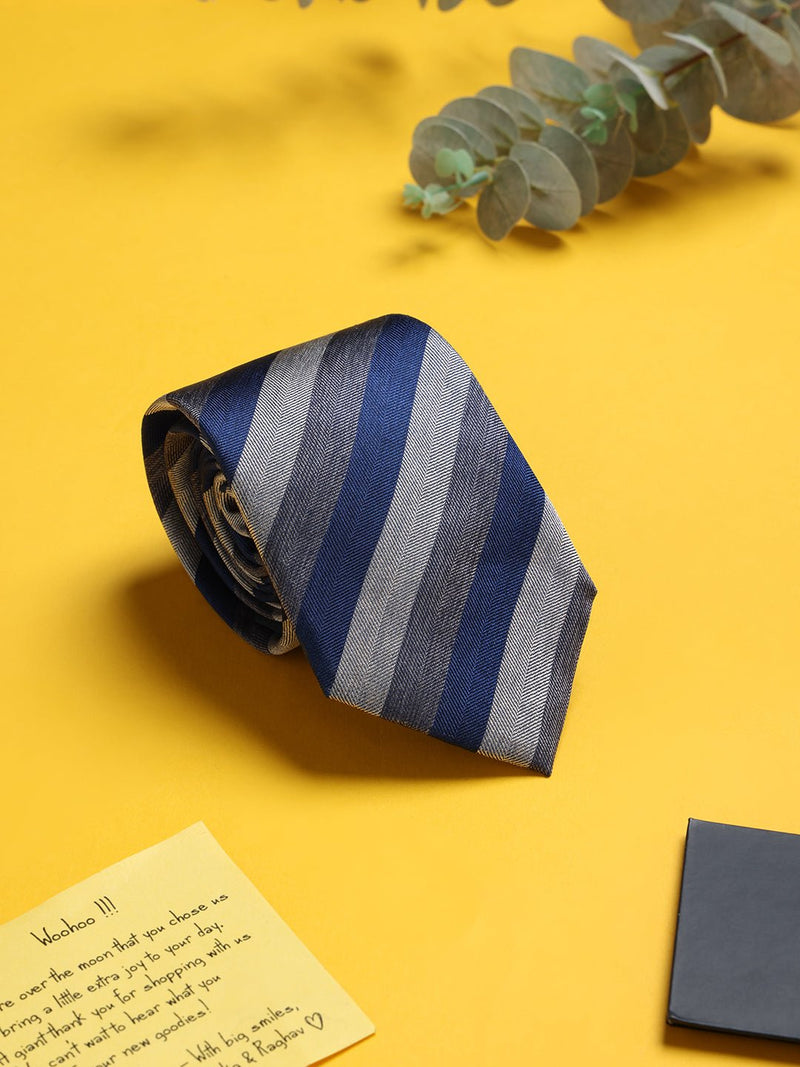 Blue & Grey Stripe Woven Silk Necktie - TOSSIDO
