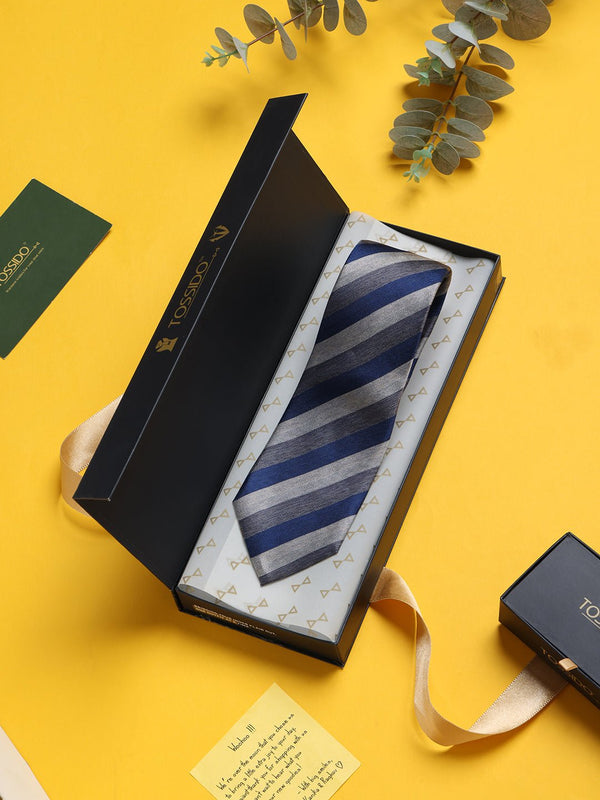 Blue & Grey Stripe Woven Silk Necktie - TOSSIDO