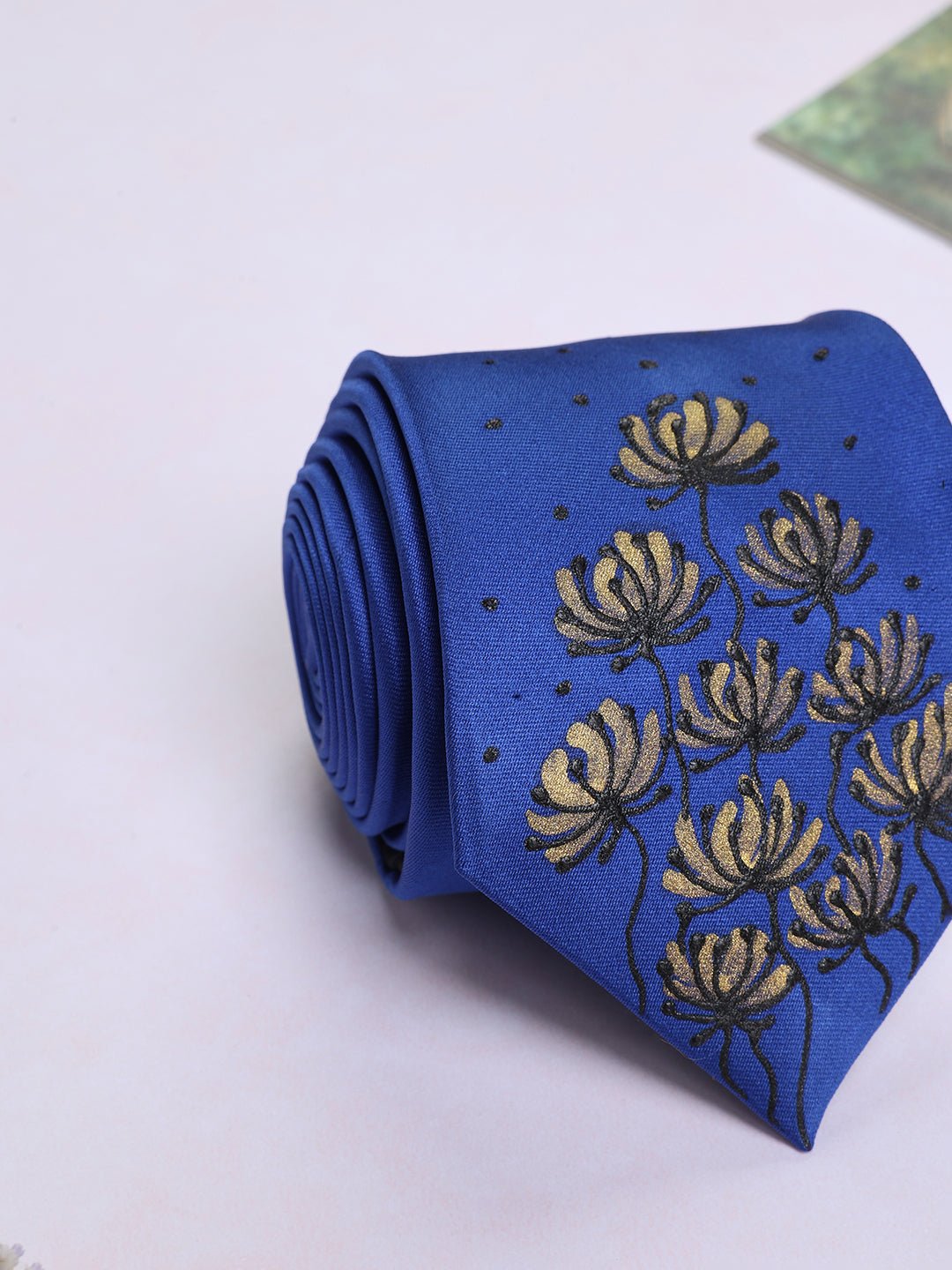 Blue Hand-Painted Woven Necktie - Floral Pattern