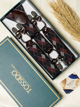 Blue & Maroon Check Elastic Suspender with Brown Leather Trims - TOSSIDO