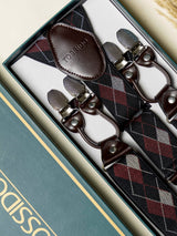 Blue & Maroon Check Elastic Suspender with Brown Leather Trims - TOSSIDO