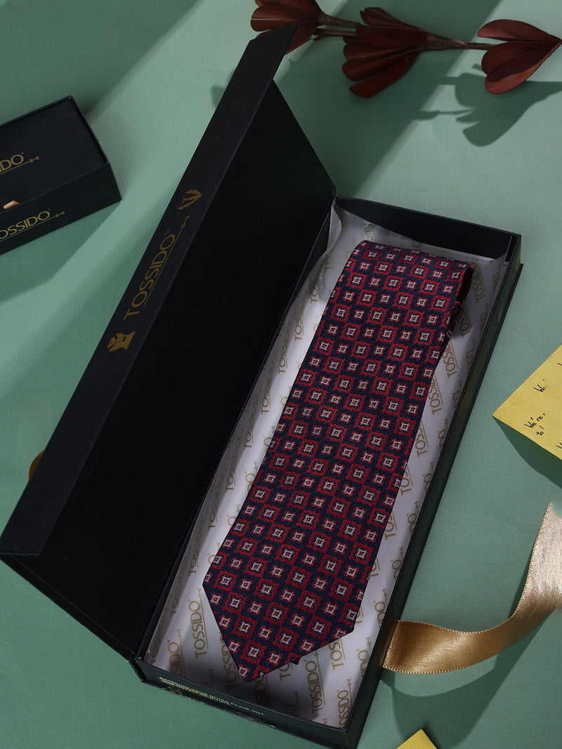 Blue & Maroon Geometric Woven Necktie - TOSSIDO