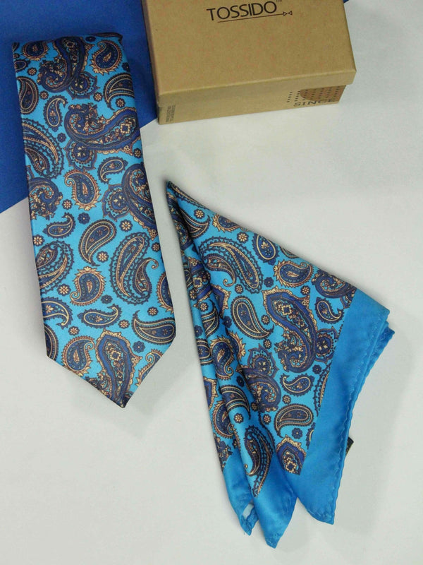 Blue Paisley Printed Necktie and Pocket Square Set - TOSSIDO