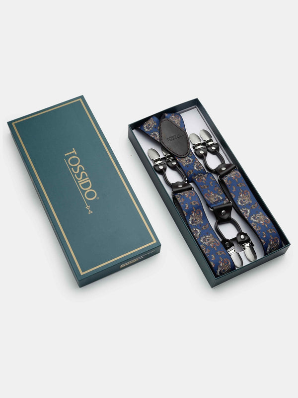 Blue Paisley Suspender with Vegan Leather Patch - TOSSIDO